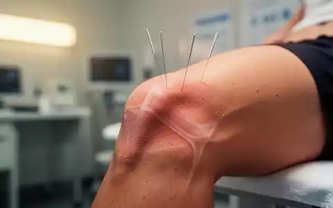 Nahaufnahme einer Akupunkturnadel am menschlichen Knie zur Behandlung einer Sportverletzung. - Foto: über boerse-global.de