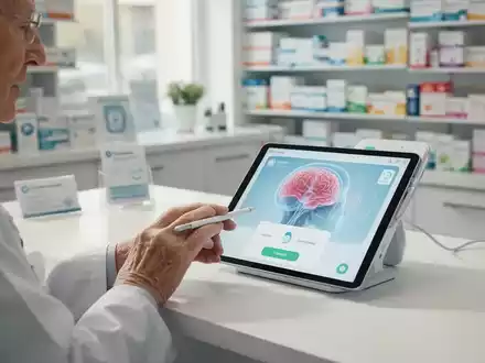Eine ältere Person führt an einem Tablet einen digitalen Gedächtnis-Check in einer Apotheke durch. - Foto: über boerse-global.de