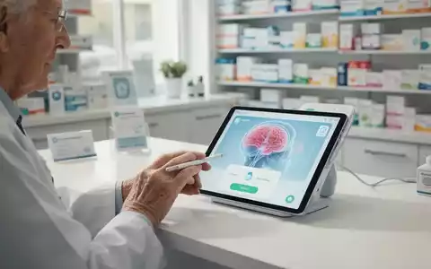 Eine ältere Person führt an einem Tablet einen digitalen Gedächtnis-Check in einer Apotheke durch. - Foto: über boerse-global.de