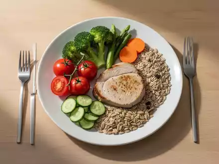 Ein gesund angerichteter Teller mit frischem Gemüse und Proteinen auf einem Holztisch, symbolisch für gesunde Ernährung. - Foto: über boerse-global.de