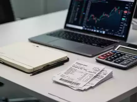 Schreibtisch mit Laptop, Taschenrechner und Reisekostenbelegen für die betriebliche Abrechnung. - Foto: über boerse-global.de