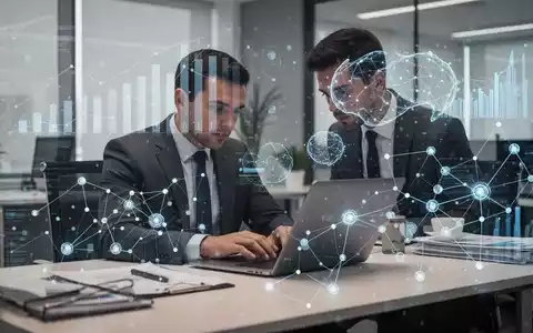 Geschäftsperson am Laptop in einem modernen Büro mit eingeblendeten digitalen Datenstrukturen und KI-Netzwerkgrafiken. - Foto: über boerse-global.de