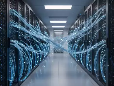 Moderner Serverraum mit leuchtend blauen Glasfaserkabeln, die Cloud-Computing und KI-Infrastruktur darstellen. - Foto: über boerse-global.de