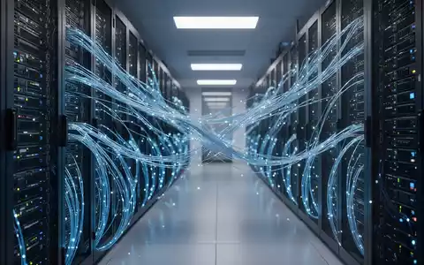 Moderner Serverraum mit leuchtend blauen Glasfaserkabeln, die Cloud-Computing und KI-Infrastruktur darstellen. - Foto: über boerse-global.de