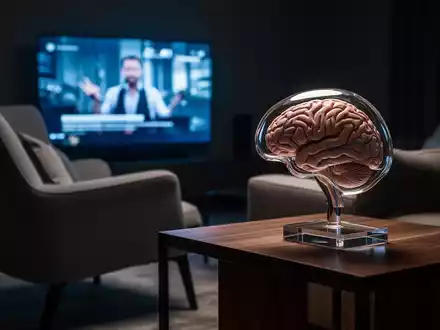 Ein gläsernes Gehirnmodell steht auf einem Beistelltisch vor einem Fernseher in einem abgedunkelten Wohnzimmer. - Foto: über boerse-global.de