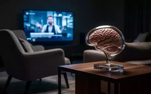 Ein gläsernes Gehirnmodell steht auf einem Beistelltisch vor einem Fernseher in einem abgedunkelten Wohnzimmer. - Foto: über boerse-global.de