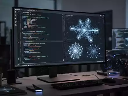Moderner Arbeitsplatz eines Softwareentwicklers mit Programmcode und KI-Visualisierungen auf einem Monitor. - Foto: über boerse-global.de