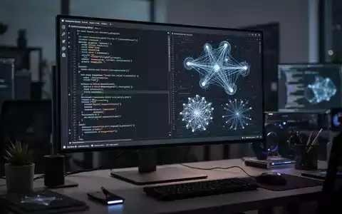 Moderner Arbeitsplatz eines Softwareentwicklers mit Programmcode und KI-Visualisierungen auf einem Monitor. - Foto: über boerse-global.de