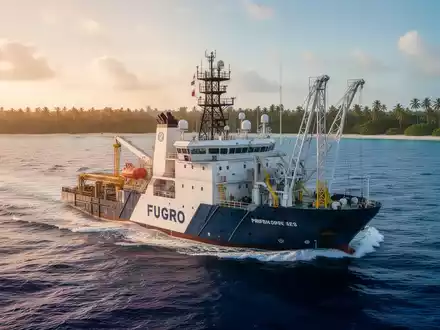 Ein Fugro-Vermessungsschiff auf dem offenen Meer vor einer tropischen Küste bei Sonnenuntergang. - Foto: über boerse-global.de