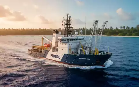 Ein Fugro-Vermessungsschiff auf dem offenen Meer vor einer tropischen Küste bei Sonnenuntergang. - Foto: über boerse-global.de