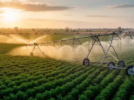 Moderne Bewässerungsanlagen auf einem weitläufigen, grünen Agrarfeld bei Sonnenuntergang. - Foto: über boerse-global.de