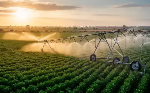 Moderne Bewässerungsanlagen auf einem weitläufigen, grünen Agrarfeld bei Sonnenuntergang. - Foto: über boerse-global.de