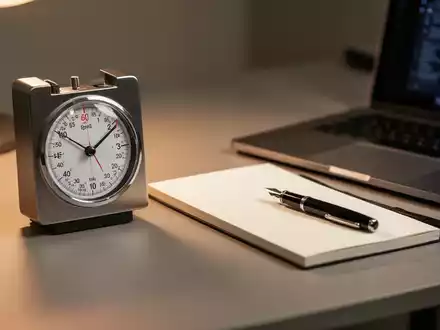 Ein minimalistischer Schreibtisch mit einem analogen Timer, einem Notizbuch und einem Laptop als Symbol für Zeitmanagement. - Foto: über boerse-global.de