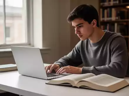 Ein fokussierter Student arbeitet an einem aufgeräumten Schreibtisch mit Laptop und Fachliteratur in einer Lernumgebung. - Foto: über boerse-global.de