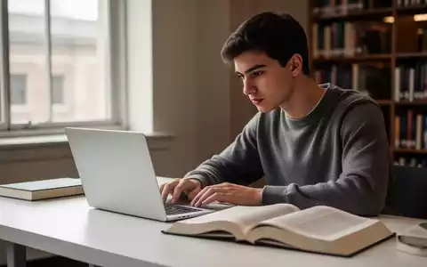 Ein fokussierter Student arbeitet an einem aufgeräumten Schreibtisch mit Laptop und Fachliteratur in einer Lernumgebung. - Foto: über boerse-global.de
