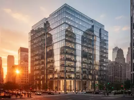 Modernes Bürogebäude mit Glasfassade in einem Finanzviertel bei Sonnenuntergang. - Foto: über boerse-global.de