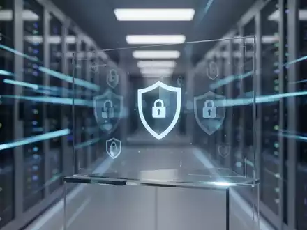 Digitale Benutzeroberfläche mit Datenschutzsymbolen vor einem unscharfen Serverhintergrund. - Foto: über boerse-global.de