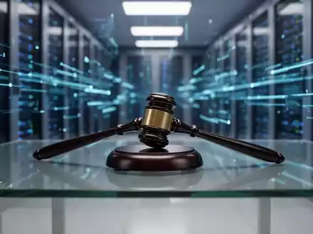 Ein professioneller Richterhammer auf einem Tisch vor einem unscharfen digitalen Serverraum, der Datenverletzungsprozesse symbolisiert. - Foto: über boerse-global.de