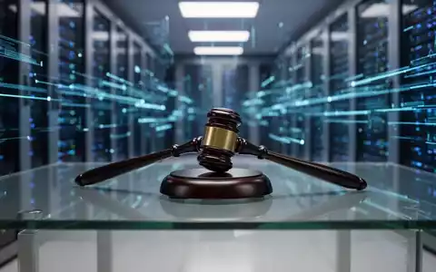 Ein professioneller Richterhammer auf einem Tisch vor einem unscharfen digitalen Serverraum, der Datenverletzungsprozesse symbolisiert. - Foto: über boerse-global.de