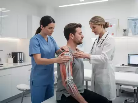 Physiotherapeut bei der biomechanischen Haltungsanalyse eines Patienten in einer modernen medizinischen Praxis. - Foto: über boerse-global.de