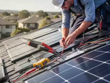 Ein Handwerker installiert Photovoltaik-Module auf einem Dach bei hellem Tageslicht. - Foto: über boerse-global.de