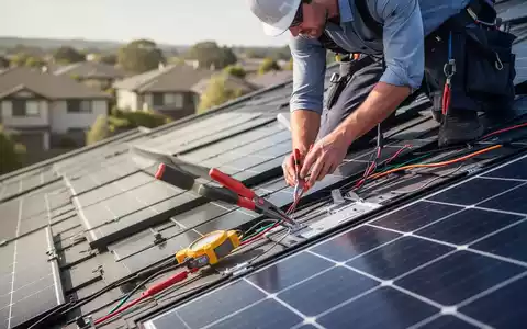 Ein Handwerker installiert Photovoltaik-Module auf einem Dach bei hellem Tageslicht. - Foto: über boerse-global.de