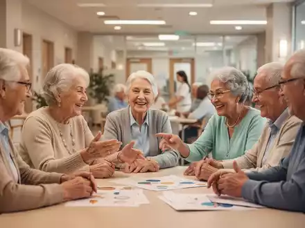 Senioren nehmen an einer sozialen AktivitĂ€t in einem modernen Gemeinschaftszentrum teil, um ihre psychische Gesundheit zu fördern. - Foto: ĂŒber boerse-global.de