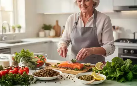 Eine Person über 50 bereitet eine gesunde Mahlzeit mit proteinreichen Zutaten in einer modernen Küche zu. - Foto: über boerse-global.de