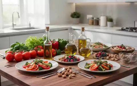 Gesunde, mediterrane Lebensmittel wie Beeren, Olivenöl und frisches Gemüse auf einem Holztisch. - Foto: über boerse-global.de