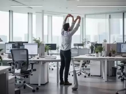 Eine Person steht an einem modernen Büroarbeitsplatz auf, um sich zu dehnen und die Sitzhaltung zu unterbrechen. - Foto: über boerse-global.de