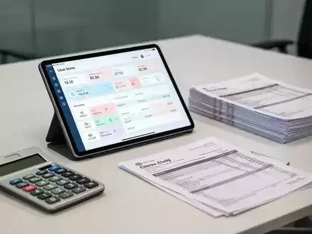 Ein moderner Schreibtisch mit einer Zeiterfassungs-App auf einem Tablet, einem Taschenrechner und Gehaltsunterlagen. - Foto: über boerse-global.de