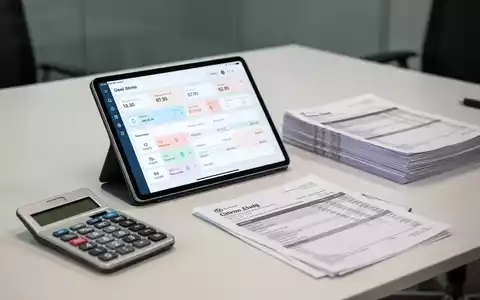 Ein moderner Schreibtisch mit einer Zeiterfassungs-App auf einem Tablet, einem Taschenrechner und Gehaltsunterlagen. - Foto: über boerse-global.de