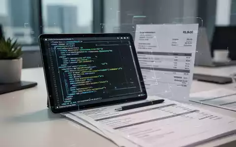 Ein Tablet zeigt komplexen XML-Code über einem Rechnungsdokument als Symbol für die Umstellung auf E-Rechnungen. - Foto: über boerse-global.de