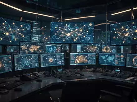 Abstraktes Bild einer digitalen Medienlandschaft mit leuchtenden Netzwerkgrafiken, das die Fragmentierung und Regulierung moderner Medienmärkte symbolisiert. - Foto: über boerse-global.de