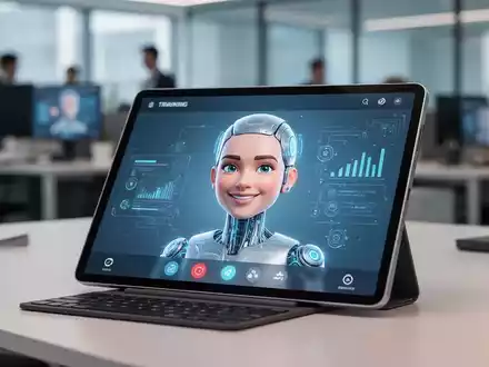 Ein KI-generierter Avatar auf einem Tablet während einer interaktiven Mitarbeiterschulung in einem modernen Büro. - Foto: über boerse-global.de