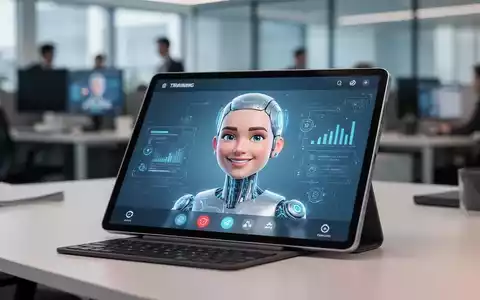 Ein KI-generierter Avatar auf einem Tablet während einer interaktiven Mitarbeiterschulung in einem modernen Büro. - Foto: über boerse-global.de