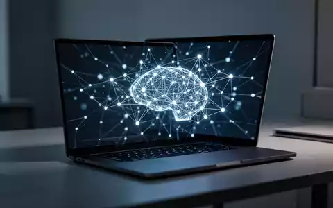 Moderner Arbeitsplatz mit leuchtendem digitalen Netzwerk auf einem Laptop-Bildschirm, das dezentrale KI-Teamarbeit darstellt. - Foto: über boerse-global.de