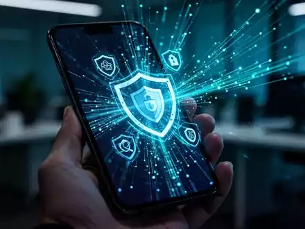 Ein Smartphone zeigt digitale Sicherheitssymbole, während es vor einem unscharfen, professionellen Büro-Hintergrund gehalten wird. - Foto: über boerse-global.de