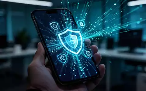 Ein Smartphone zeigt digitale Sicherheitssymbole, während es vor einem unscharfen, professionellen Büro-Hintergrund gehalten wird. - Foto: über boerse-global.de