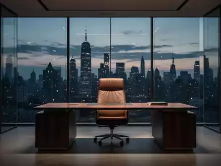 Ein modernes, minimalistisches Büro mit einem leeren Chefsessel vor einer nächtlichen Skyline als Symbol für Arbeitsrecht. - Foto: über boerse-global.de