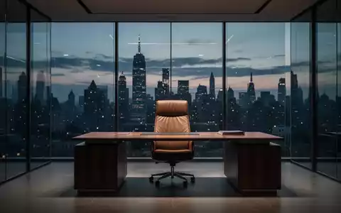 Ein modernes, minimalistisches Büro mit einem leeren Chefsessel vor einer nächtlichen Skyline als Symbol für Arbeitsrecht. - Foto: über boerse-global.de