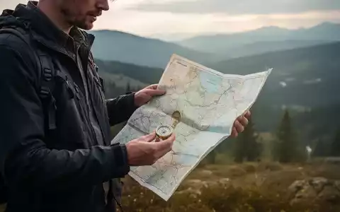 Person in einer Naturlandschaft, die eine klassische Papierkarte und einen Kompass zur Orientierung verwendet. - Foto: über boerse-global.de