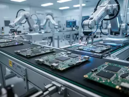 Hochmoderne Roboter-Fertigungslinie für Halbleiter in Reinraum-Umgebung. - Foto: über boerse-global.de