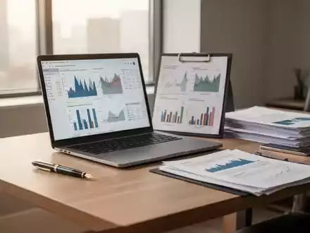 Moderner, aufgeräumter Büroarbeitsplatz mit Laptop, Finanzdaten und Dokumenten bei natürlichem Tageslicht. - Foto: über boerse-global.de