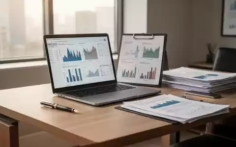 Moderner, aufgeräumter Büroarbeitsplatz mit Laptop, Finanzdaten und Dokumenten bei natürlichem Tageslicht. - Foto: über boerse-global.de