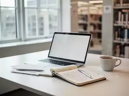 Ein aufgeräumter Schreibtisch mit Laptop und Notizbuch in einer Bibliothek als Symbol für konzentriertes Lernen. - Foto: über boerse-global.de