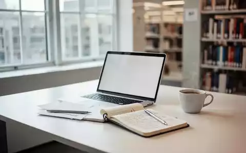 Ein aufgeräumter Schreibtisch mit Laptop und Notizbuch in einer Bibliothek als Symbol für konzentriertes Lernen. - Foto: über boerse-global.de