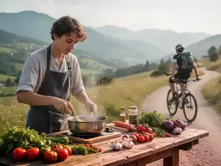 Eine Person bei einem Kochkurs mit frischen Zutaten vor einer sommerlichen, landschaftlichen Kulisse. - Foto: über boerse-global.de