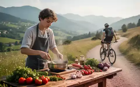 Eine Person bei einem Kochkurs mit frischen Zutaten vor einer sommerlichen, landschaftlichen Kulisse. - Foto: über boerse-global.de