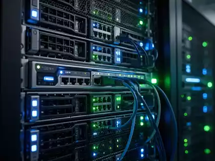 Moderne Unternehmensserver-Racks mit blinkenden Statusleuchten in einem Rechenzentrum, die IT-Infrastruktur darstellen. - Foto: über boerse-global.de